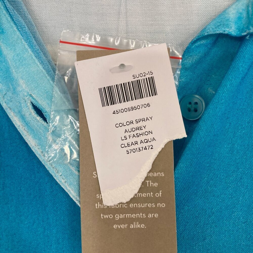New Chico's Blue Aqua Color‎ Spray Ultra Soft Flowy Button Down XL/3 Preppy - Picture 3 of 12